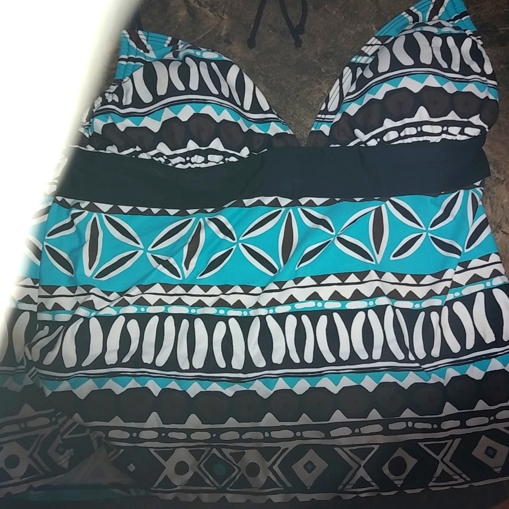 a.n.a. 16 Tribal  Turquoise Chocolate Black Swim Tankini Top Plus